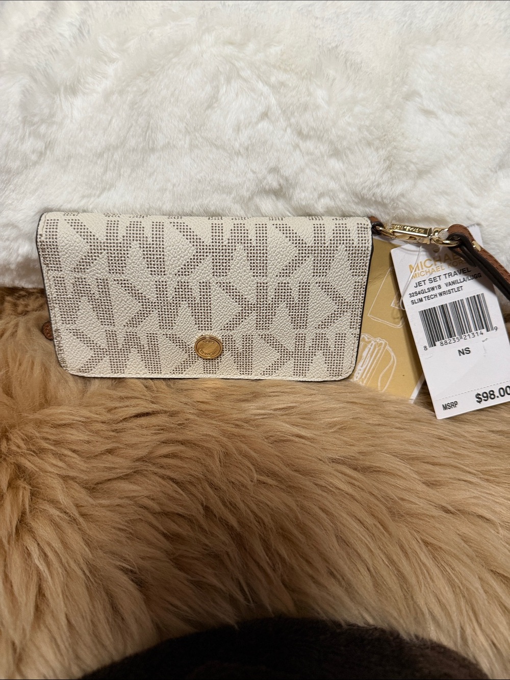 Michael Kors White Monogram Wristlet Wallet with Gold Accent